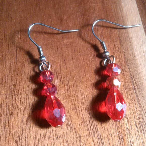 Beveled Red Glass Three Stone Silvertone and Stainless Steel Dangle Earrings - Picture 2 of 11